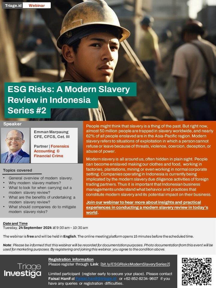 Triage Investiga Mengadakan Seri Webinar ke-2 tentang Risiko ESG: Tinjauan Perbudakan Modern